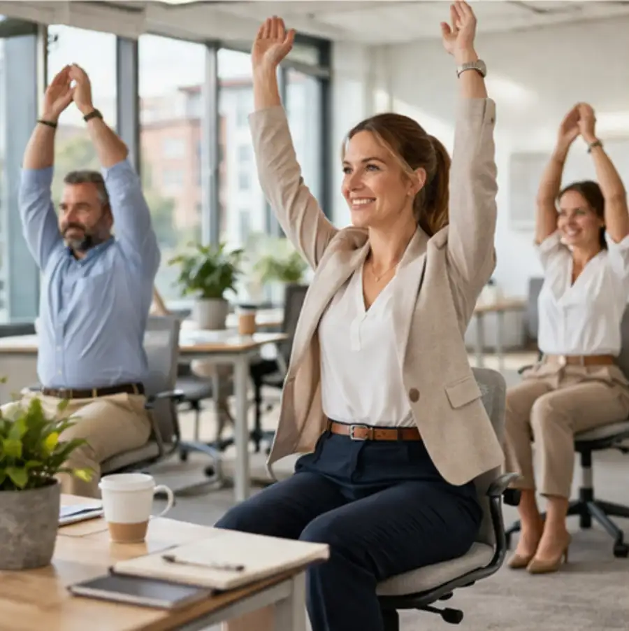 Team macht Dehnübungen im Büro