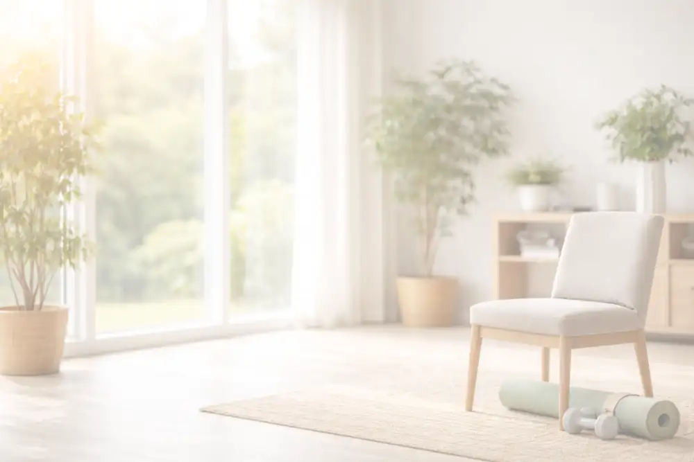 Heller Bewegungsraum mit Stuhl und Matte